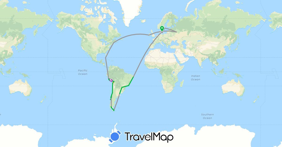 TravelMap itinerary: driving, bus, plane, train, hiking, boat, hitchhiking in Argentina, Bolivia, Brazil, Chile, Cuba, Denmark, France, Ireland, Peru, Paraguay, Russia, Sweden, United States (Europe, North America, South America)