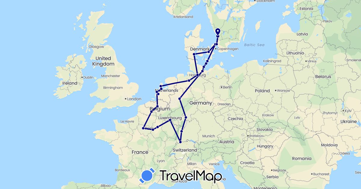 TravelMap itinerary: driving in Belgium, Switzerland, Germany, Denmark, France, Luxembourg, Netherlands, Sweden (Europe)