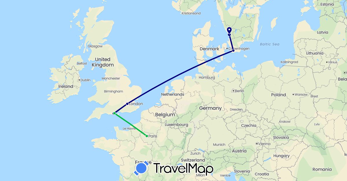 TravelMap itinerary: driving, bus in France, United Kingdom, Sweden (Europe)