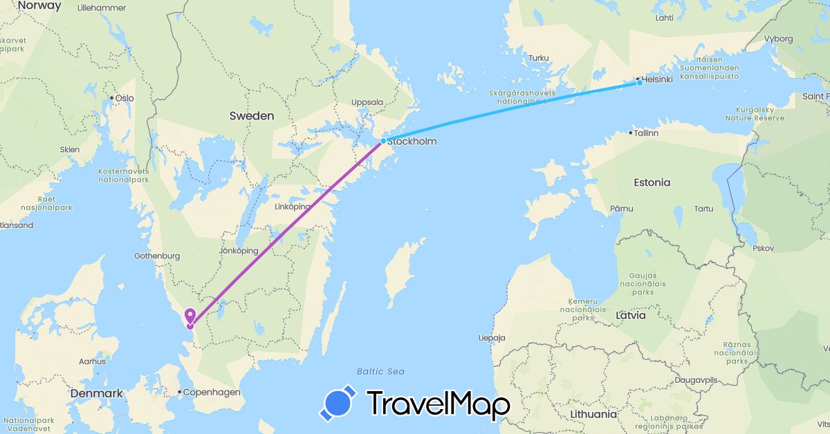 TravelMap itinerary: driving, train, boat in Finland, Sweden (Europe)