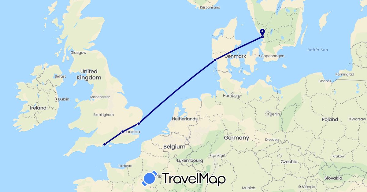 TravelMap itinerary: driving in Denmark, United Kingdom, Sweden (Europe)