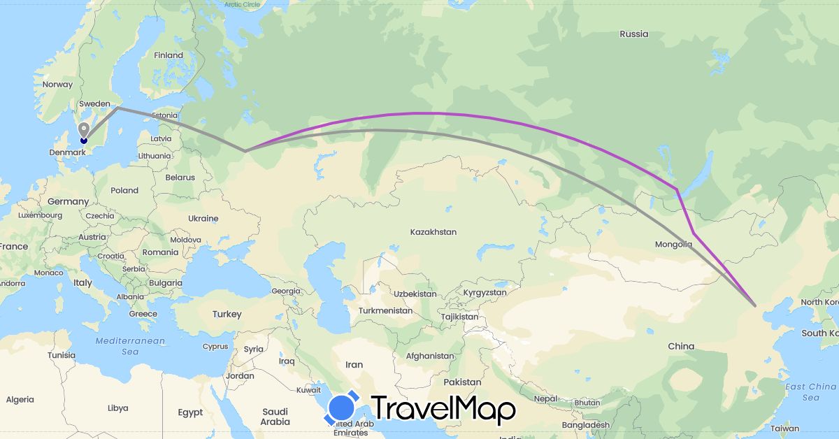 TravelMap itinerary: driving, plane, train in China, Mongolia, Russia, Sweden (Asia, Europe)