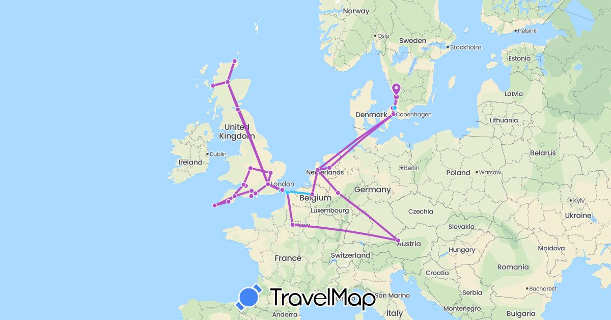 TravelMap itinerary: driving, train, boat in Austria, Belgium, Germany, Denmark, France, United Kingdom, Netherlands, Sweden (Europe)