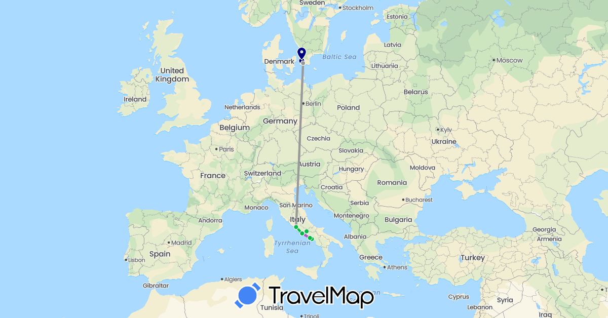TravelMap itinerary: driving, bus, plane, train in Italy, Sweden (Europe)
