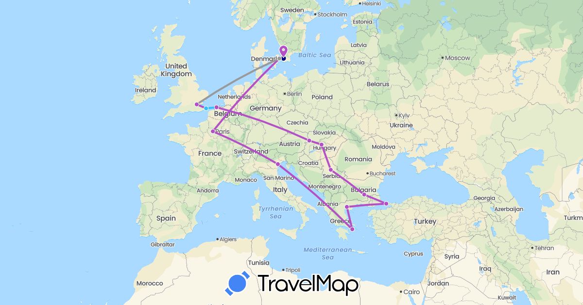 TravelMap itinerary: driving, plane, train, boat in Belgium, Bulgaria, Denmark, France, United Kingdom, Greece, Hungary, Italy, Serbia, Sweden, Turkey (Asia, Europe)