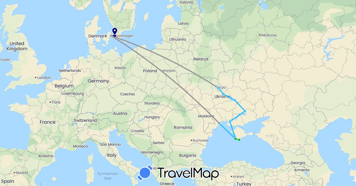TravelMap itinerary: driving, bus, plane, boat in Denmark, Sweden, Ukraine (Europe)