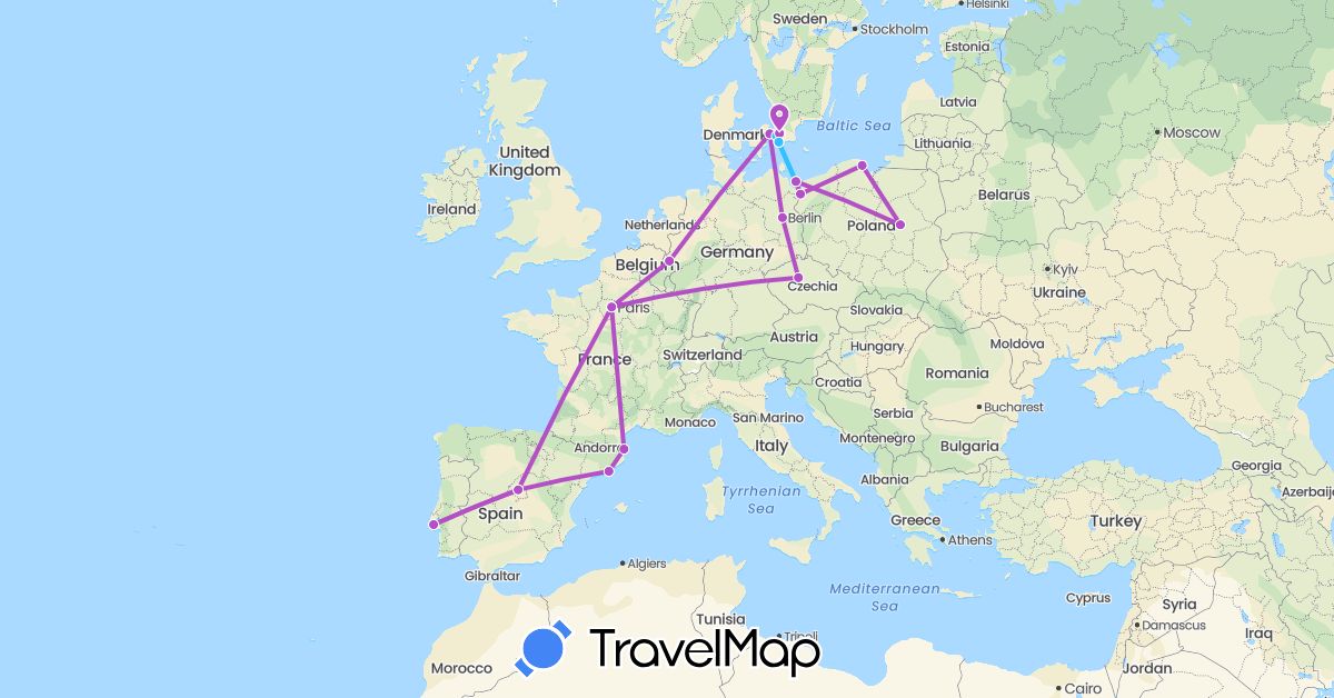 TravelMap itinerary: driving, train, boat in Czech Republic, Germany, Denmark, Spain, France, Poland, Portugal, Sweden (Europe)