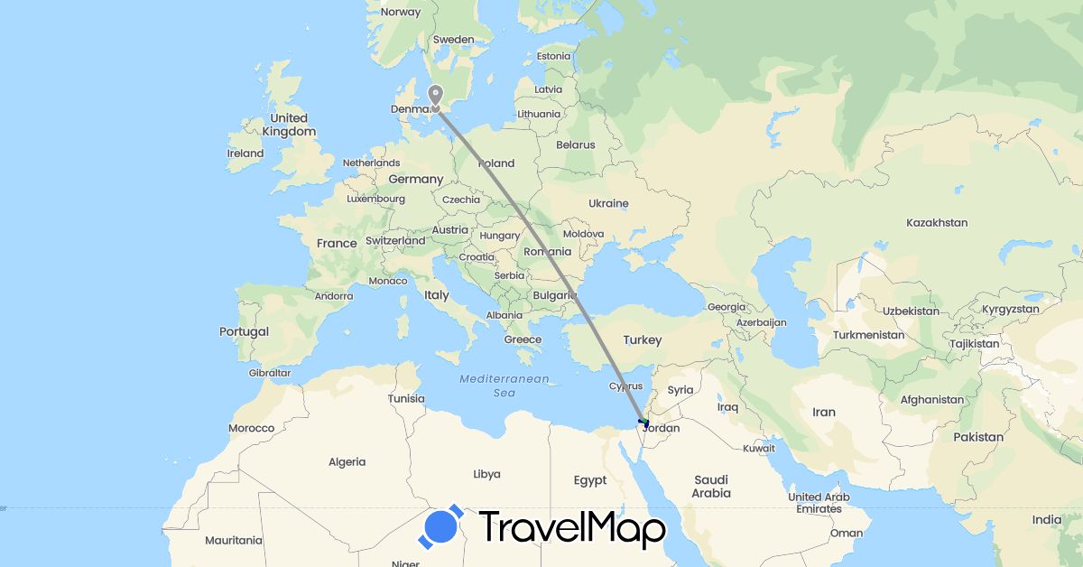 TravelMap itinerary: driving, bus, plane in Denmark, Israel, Palestinian Territories (Asia, Europe)