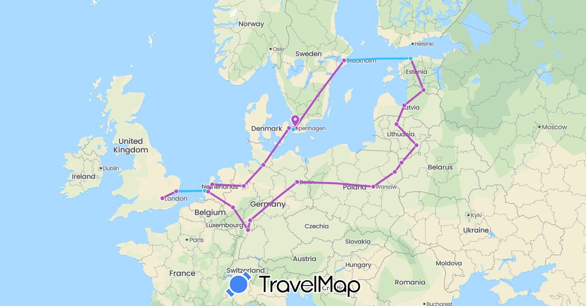 TravelMap itinerary: driving, train, boat in Belarus, Germany, Denmark, Estonia, United Kingdom, Lithuania, Latvia, Netherlands, Poland, Sweden (Europe)