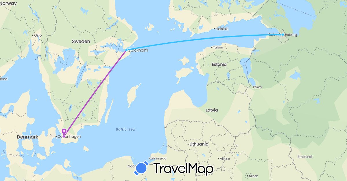 TravelMap itinerary: driving, train, boat in Russia, Sweden (Europe)