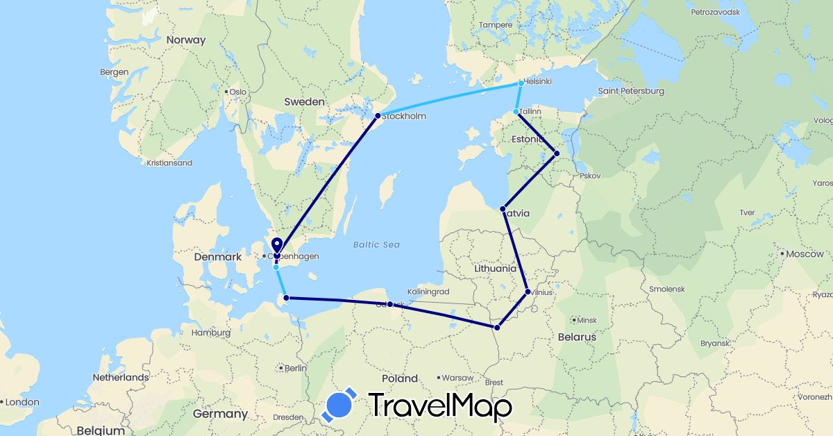 TravelMap itinerary: driving, boat in Belarus, Germany, Estonia, Finland, Lithuania, Latvia, Poland, Sweden (Europe)