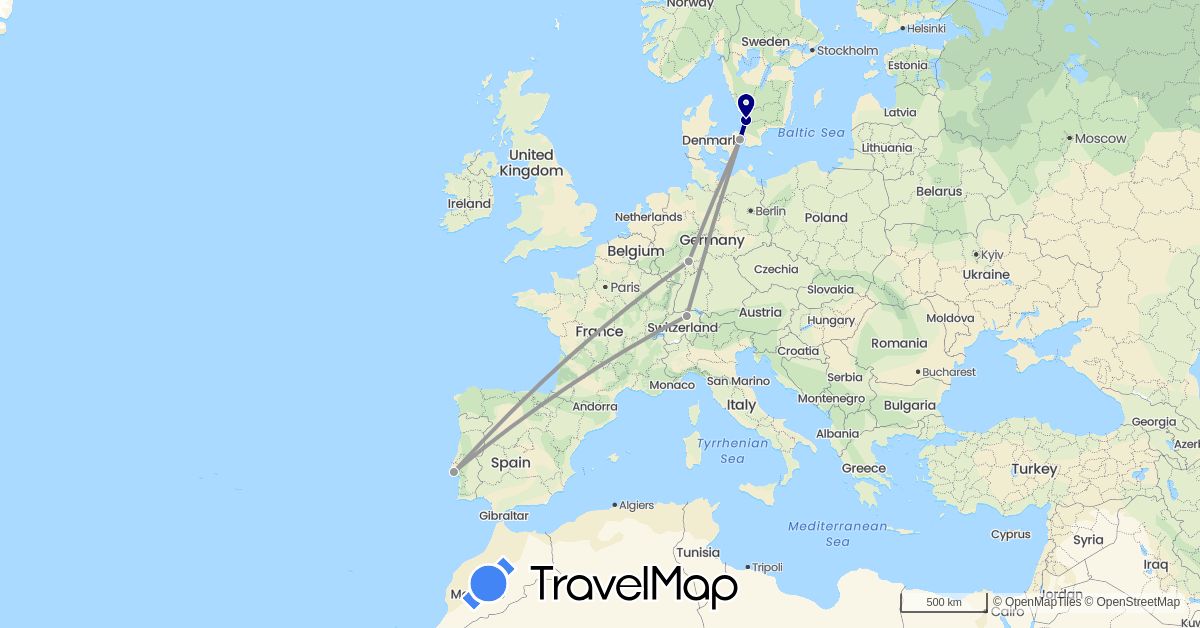 TravelMap itinerary: driving, plane in Switzerland, Germany, Denmark, Portugal, Sweden (Europe)