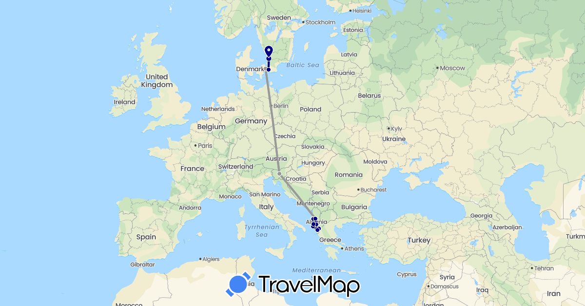 TravelMap itinerary: driving, bus, plane, train in Albania, Denmark, Sweden, Slovenia (Europe)