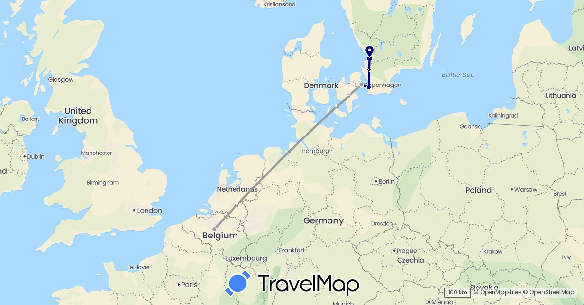 TravelMap itinerary: driving, plane in Belgium, Denmark, Sweden (Europe)