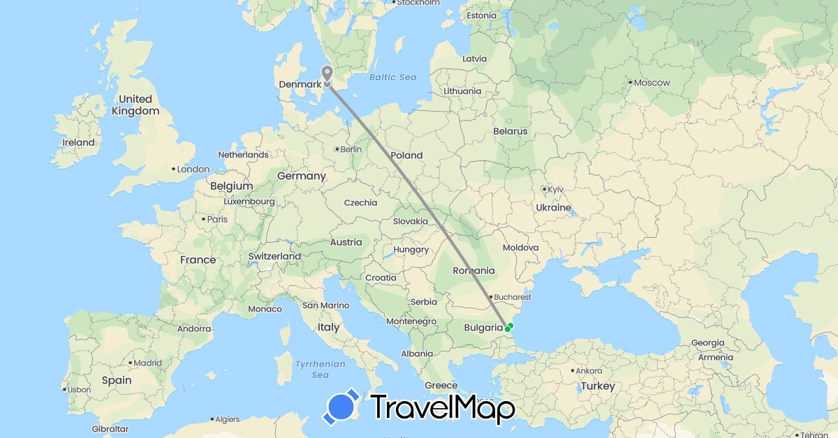 TravelMap itinerary: driving, bus, plane in Bulgaria, Denmark (Europe)