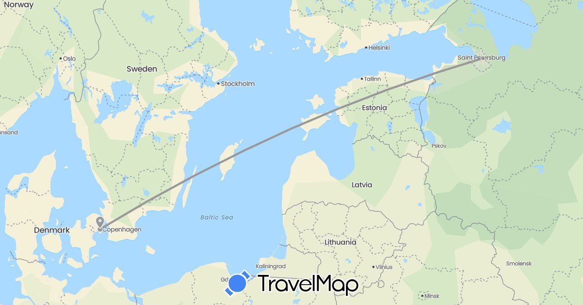 TravelMap itinerary: driving, plane in Denmark, Russia (Europe)