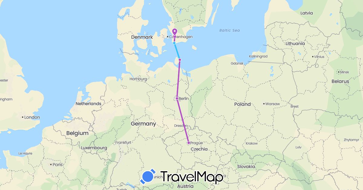 TravelMap itinerary: driving, train, boat in Czech Republic, Germany, Sweden (Europe)