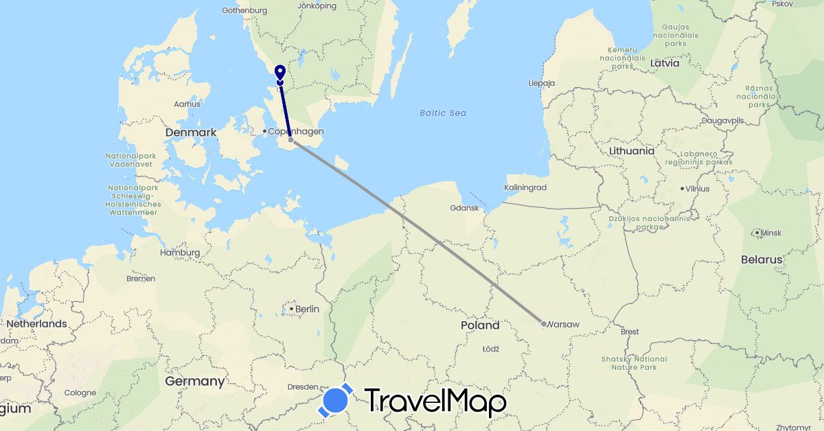 TravelMap itinerary: driving, plane in Poland, Sweden (Europe)