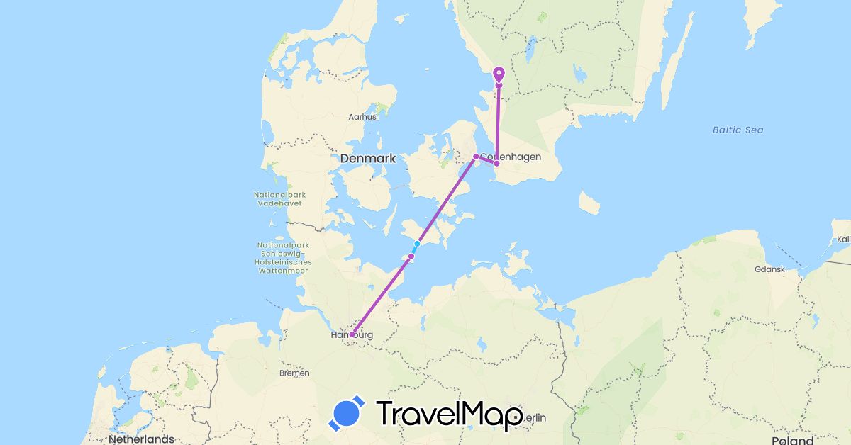 TravelMap itinerary: driving, bus, train, boat in Germany, Denmark, Sweden (Europe)