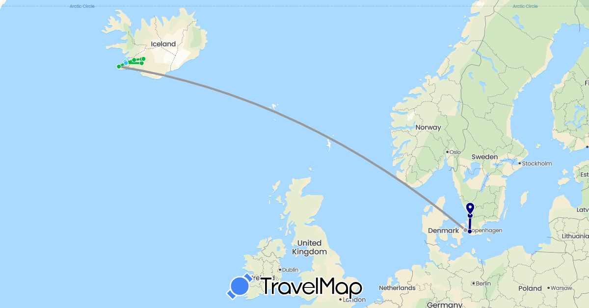 TravelMap itinerary: driving, bus, plane, boat in Denmark, Iceland, Sweden (Europe)