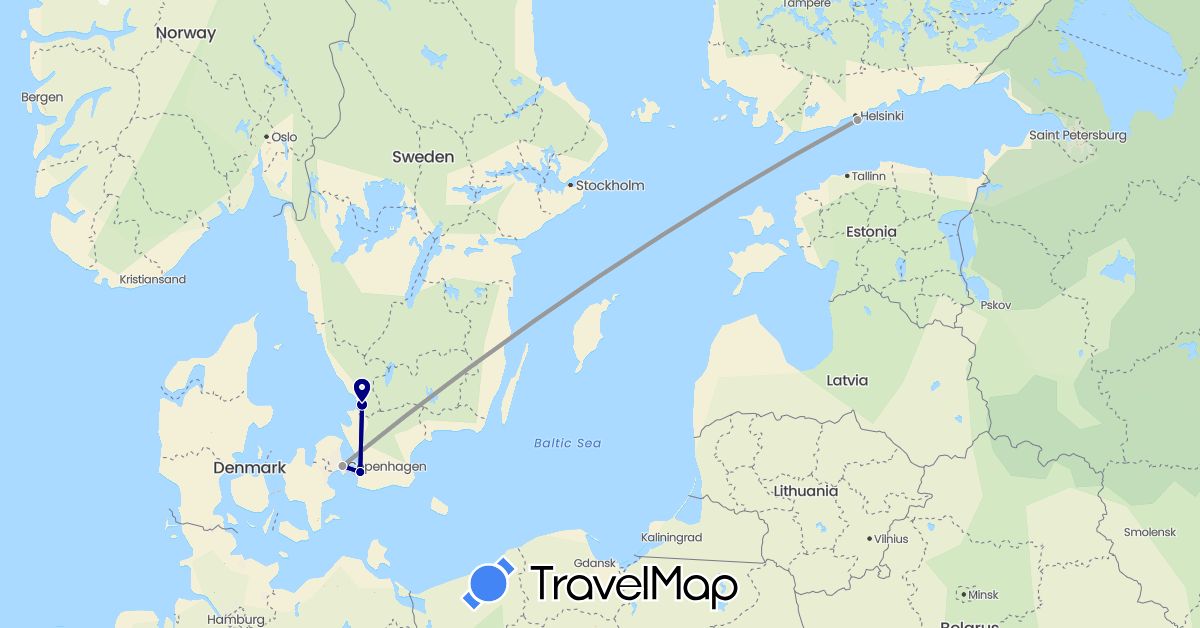TravelMap itinerary: driving, plane in Denmark, Finland, Sweden (Europe)