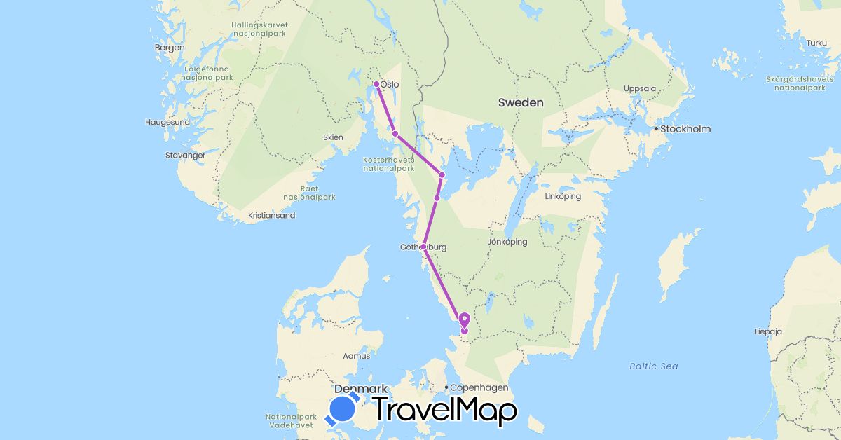 TravelMap itinerary: driving, train in Norway, Sweden (Europe)