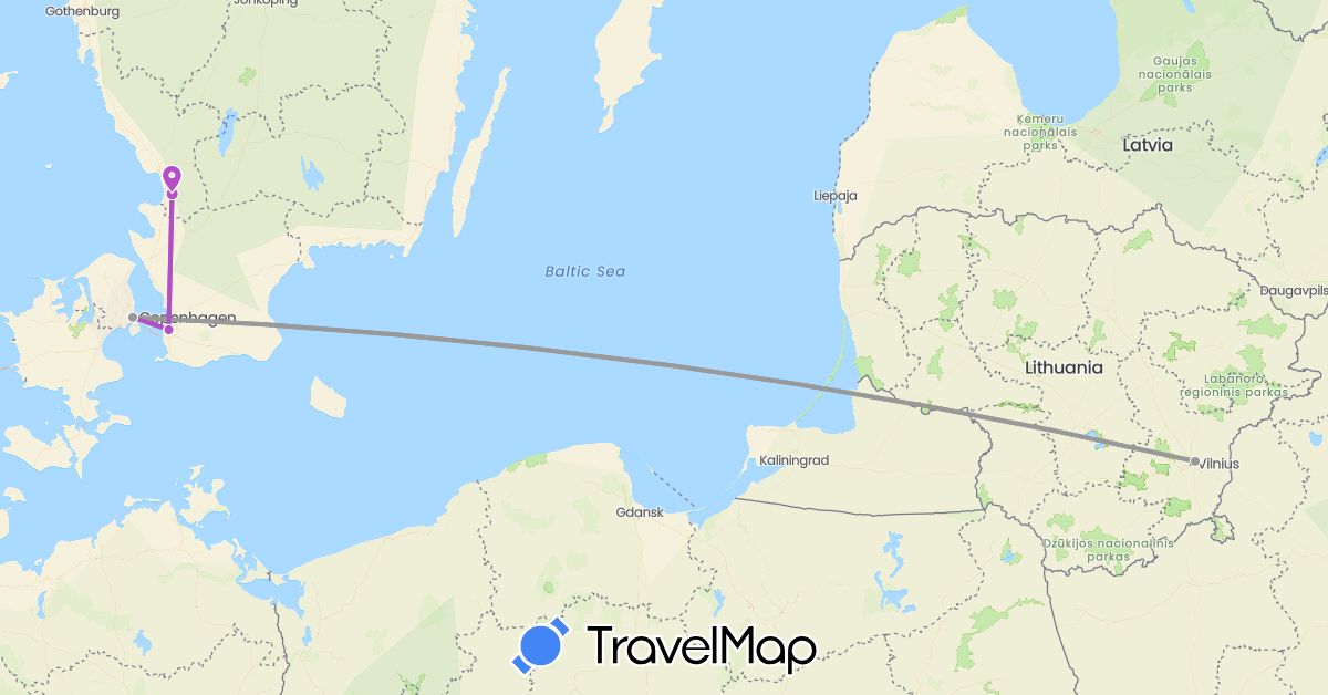 TravelMap itinerary: driving, plane, train in Denmark, Lithuania, Sweden (Europe)