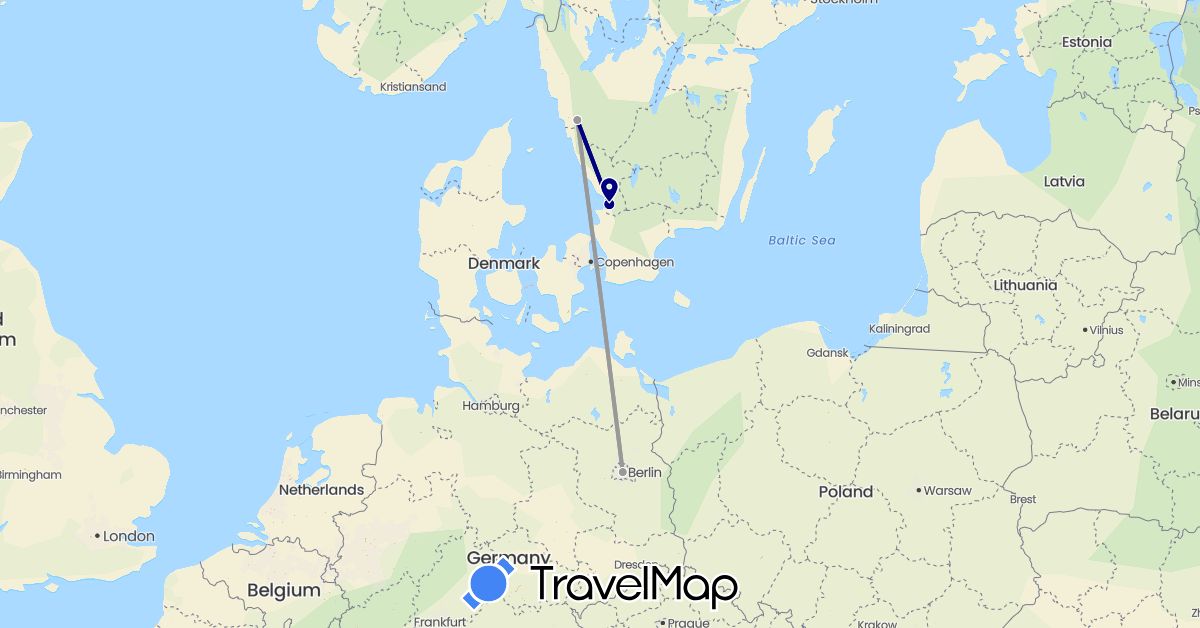 TravelMap itinerary: driving, plane in Germany, Sweden (Europe)