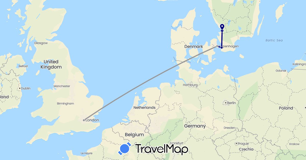 TravelMap itinerary: driving, plane in Denmark, United Kingdom, Sweden (Europe)