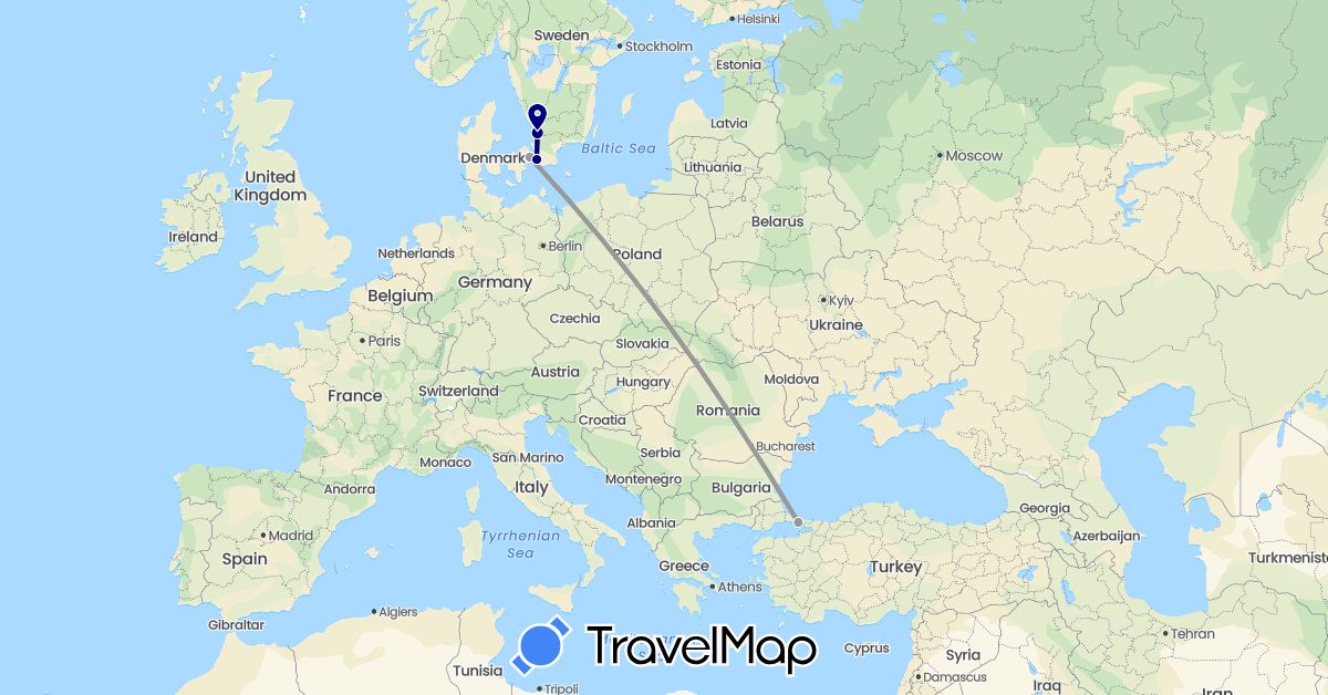 TravelMap itinerary: driving, plane in Denmark, Sweden, Turkey (Asia, Europe)