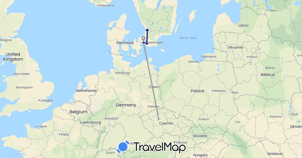 TravelMap itinerary: driving, plane in Czech Republic, Denmark, Sweden (Europe)
