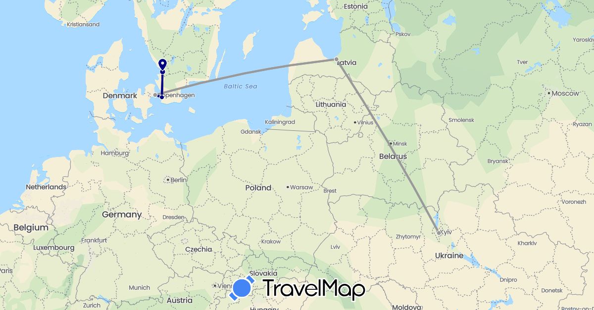 TravelMap itinerary: driving, plane in Denmark, Latvia, Sweden, Ukraine (Europe)