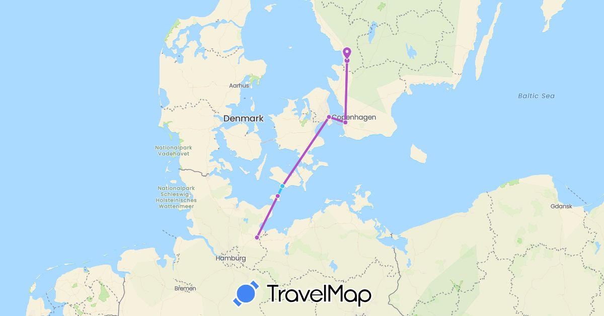 TravelMap itinerary: driving, train, boat in Germany, Denmark, Sweden (Europe)