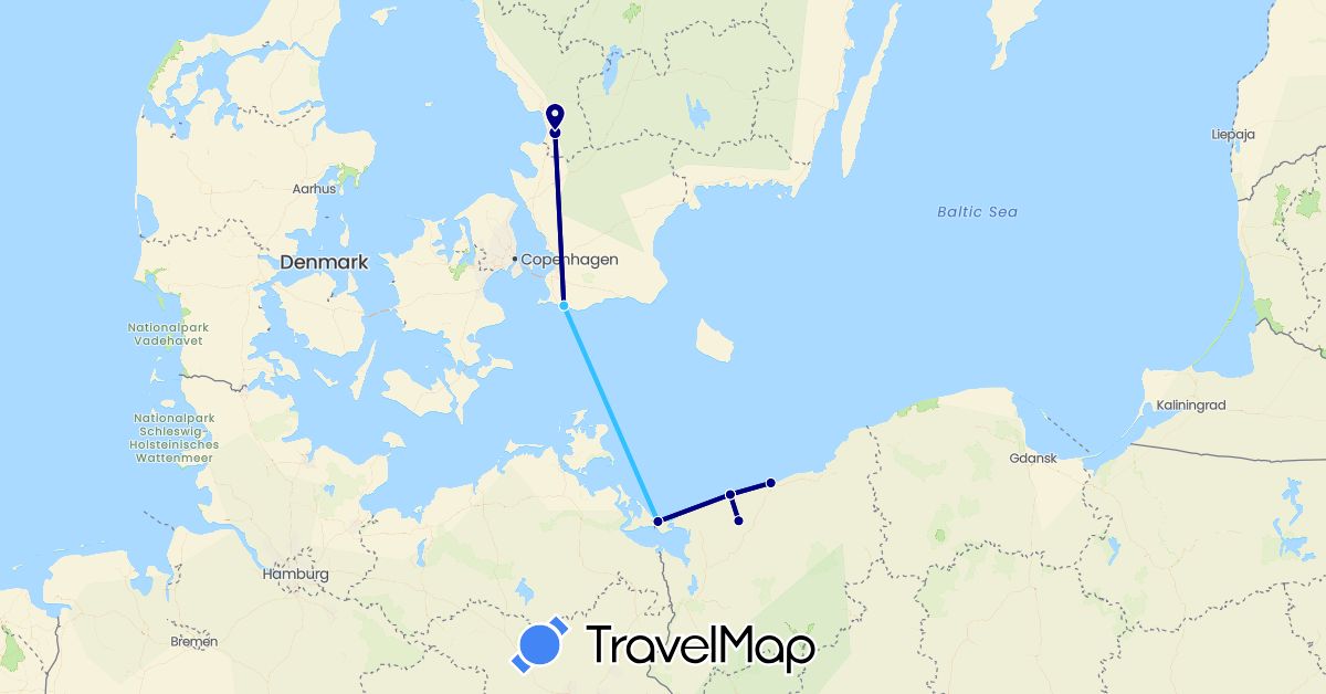 TravelMap itinerary: driving, boat in Poland, Sweden (Europe)