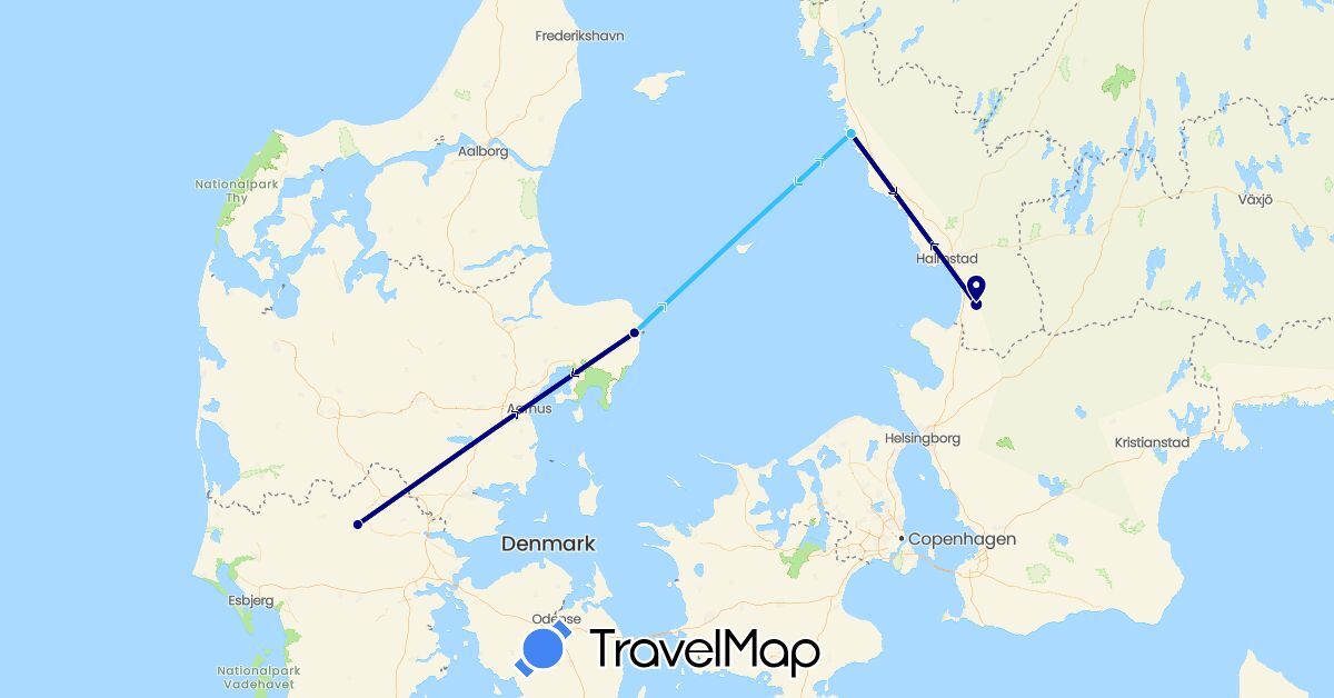 TravelMap itinerary: driving, boat in Denmark, Sweden (Europe)