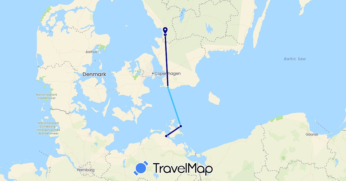 TravelMap itinerary: driving, boat in Germany, Sweden (Europe)