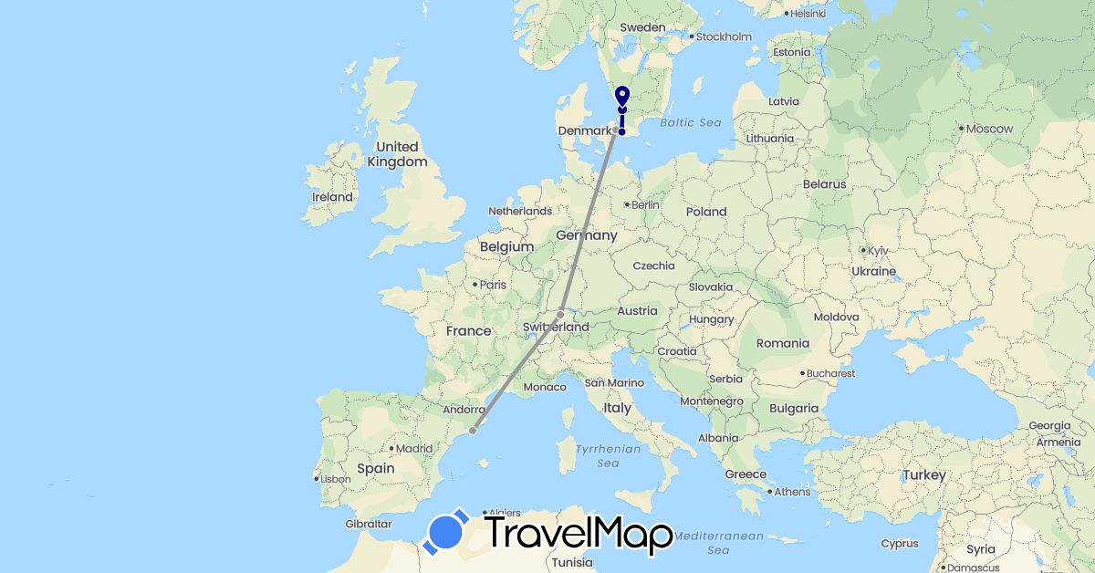 TravelMap itinerary: driving, plane in Switzerland, Denmark, Spain, Sweden (Europe)