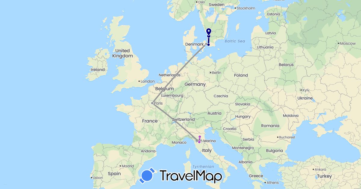 TravelMap itinerary: driving, plane, train in Denmark, France, Italy, Sweden (Europe)
