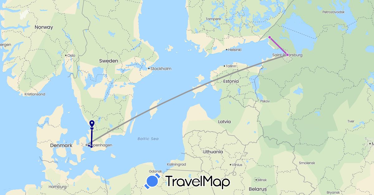 TravelMap itinerary: driving, plane, train in Denmark, Russia, Sweden (Europe)