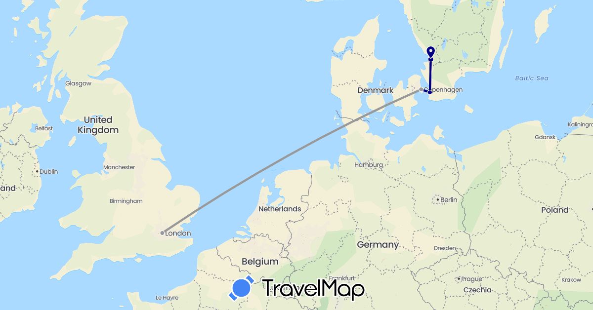 TravelMap itinerary: driving, plane in Denmark, United Kingdom, Sweden (Europe)