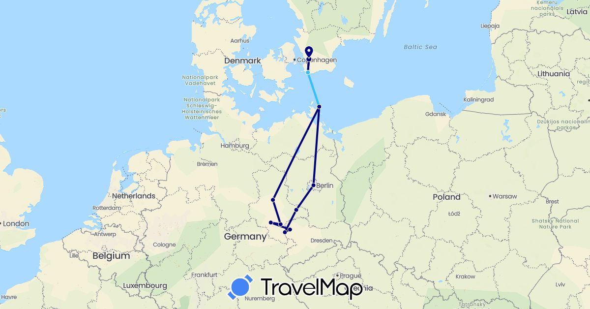 TravelMap itinerary: driving, boat in Germany, Sweden (Europe)