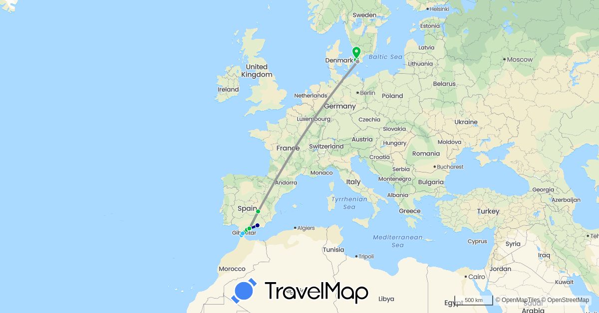TravelMap itinerary: driving, bus, plane, boat in Spain, Gibraltar, Morocco, Sweden (Africa, Europe)
