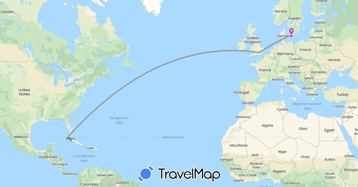 TravelMap itinerary: driving, bus, plane, train in Cuba, Denmark, United Kingdom, Sweden (Europe, North America)