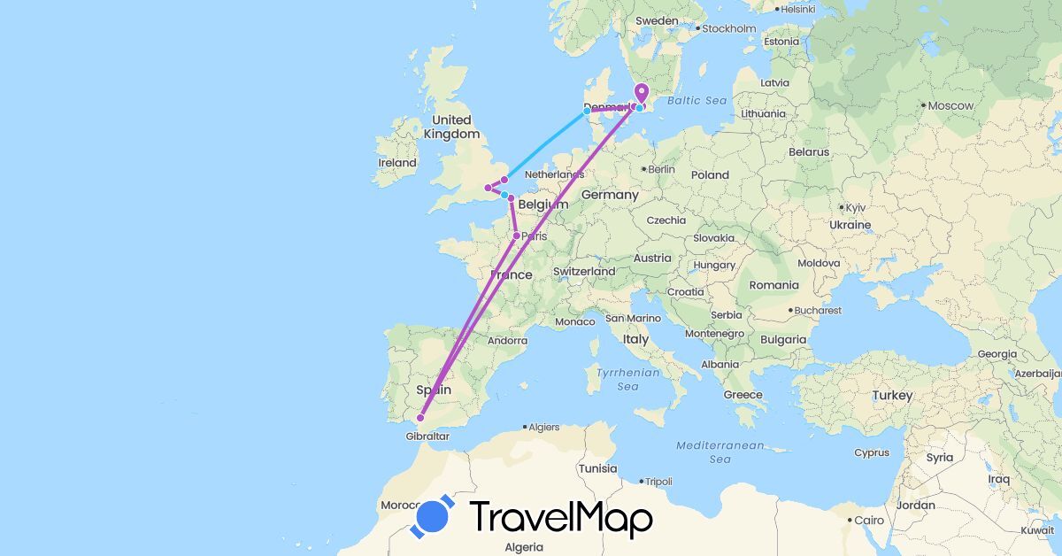 TravelMap itinerary: driving, train, boat in Denmark, Spain, France, United Kingdom, Sweden (Europe)