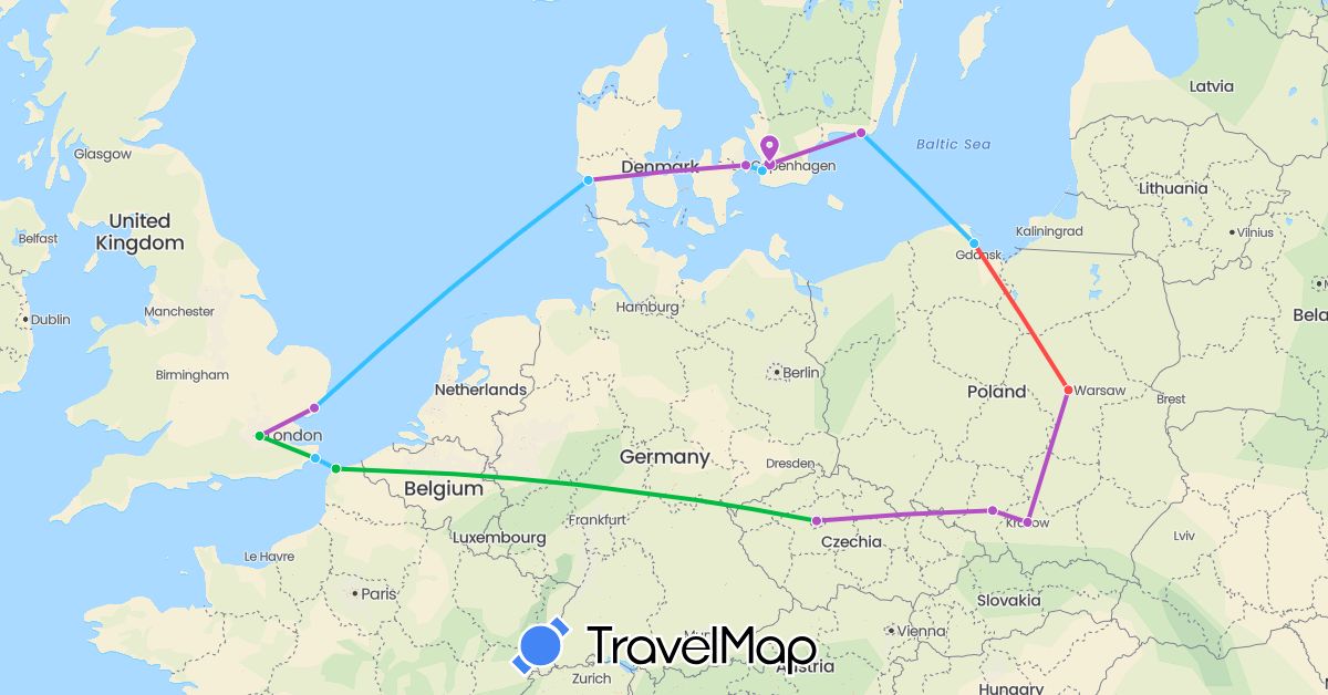 TravelMap itinerary: driving, bus, train, hiking, boat in Czech Republic, Denmark, France, United Kingdom, Poland, Sweden (Europe)