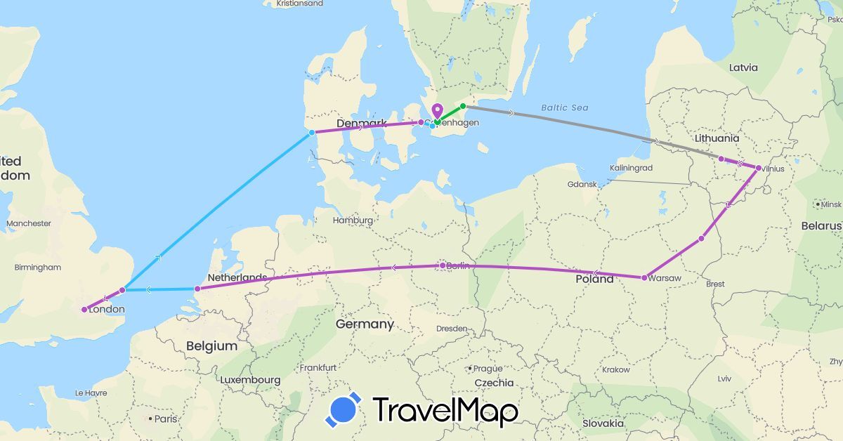 TravelMap itinerary: driving, bus, plane, train, boat in Germany, Denmark, United Kingdom, Lithuania, Netherlands, Poland, Sweden (Europe)