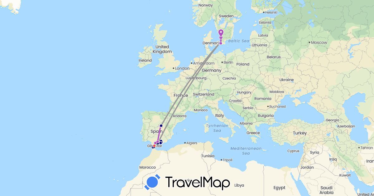 TravelMap itinerary: driving, bus, plane, train, hiking, boat in Denmark, Spain, Gibraltar, Morocco, Sweden (Africa, Europe)