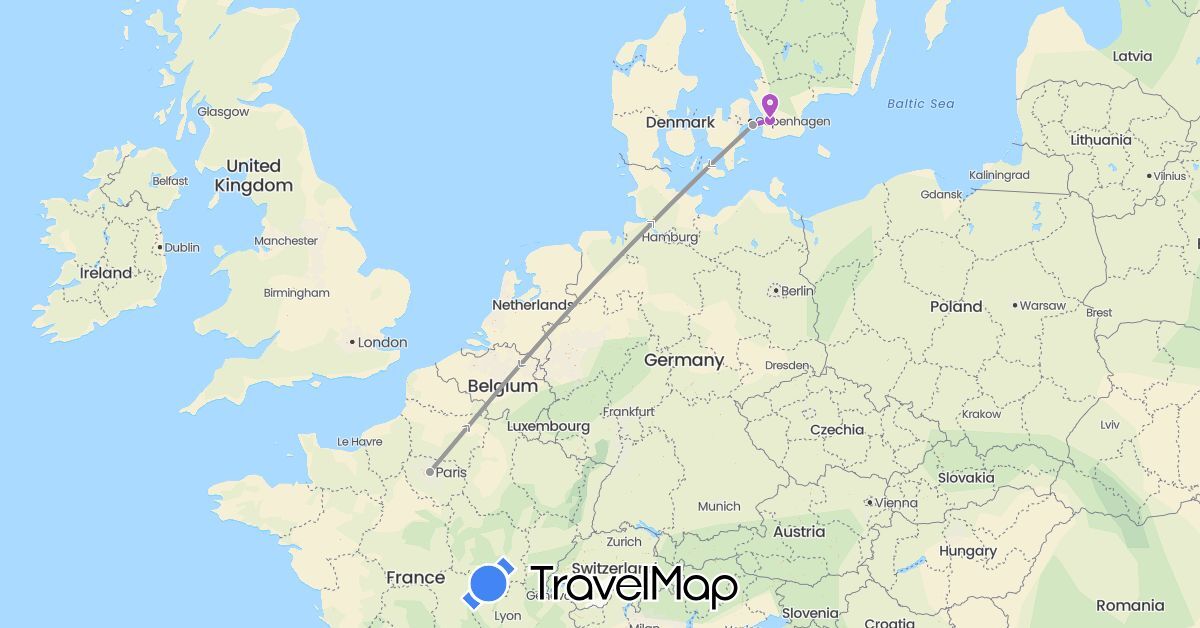 TravelMap itinerary: driving, plane, train in Denmark, France, Sweden (Europe)
